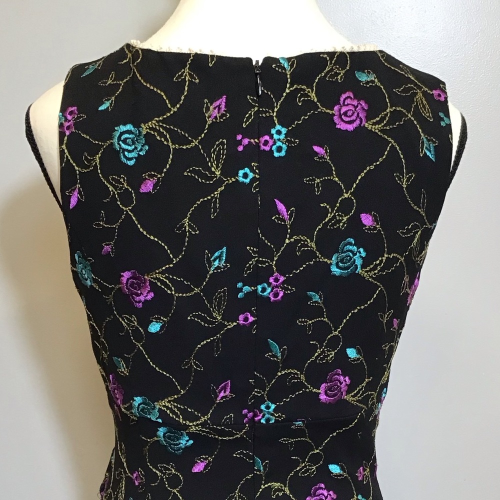 Vintage 90s Nicole Miller Floral Midi Embroidered Lace V-Neck Black Dress Size 8 - Picture 9 of 16